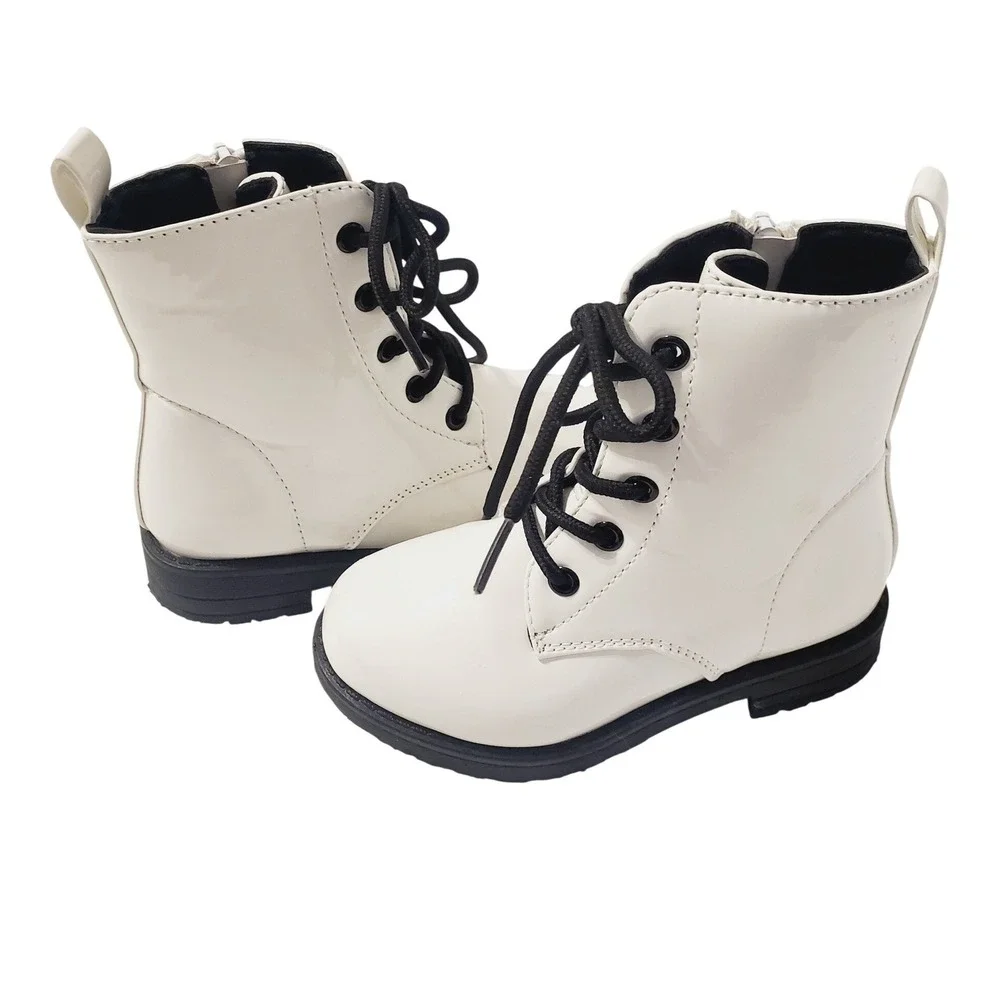 Mini Moda Kids Sz 8 White Patent Combat Boots Side Zip Lug Sole Lace Up Ankle